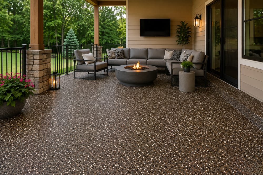 A modern covered patio with a gray sectional sofa, fire pit table, potted plants, and a TV mounted on the wall, overlooking a green backyard with trees.