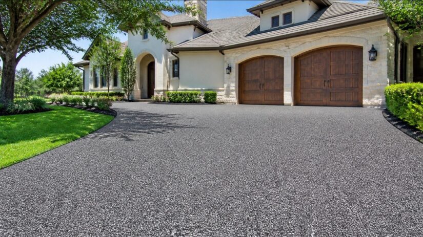 Concrete-Coating-Driveway-1 A modern house with stone accents, arched windows, and two wooden garage doors, featuring a freshly paved asphalt driveway, green landscaping, and a stylish patio resurfacing that enhances the home’s contemporary appeal.