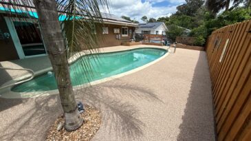A backyard with a palm tree, an in-ground swimming pool, a brown fence, and a house in the background on a sunny day.
