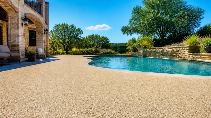 IrFqE_yaNDq A backyard pool with a stone patio, waterfall feature, and lush landscaping under a blue sky, next to a stone house with arched windows.