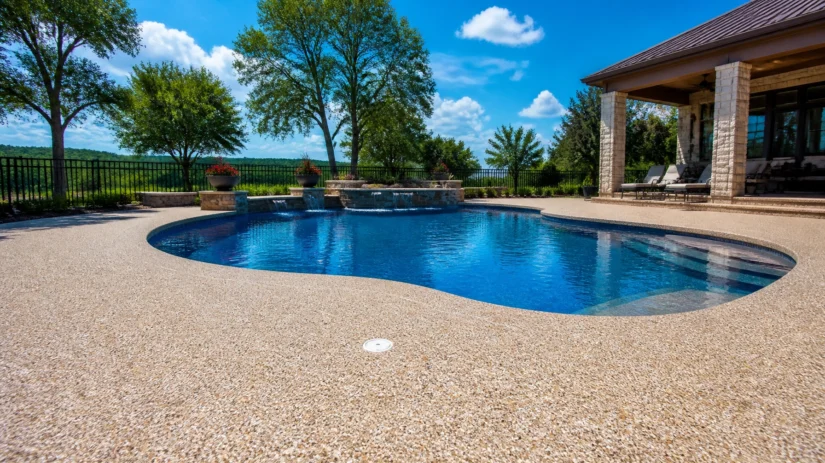 fAJaP5sapHy A backyard swimming pool with clear blue water, surrounded by a stone patio and green trees, under a bright blue sky with fluffy clouds. A house with a covered patio is on the right.
