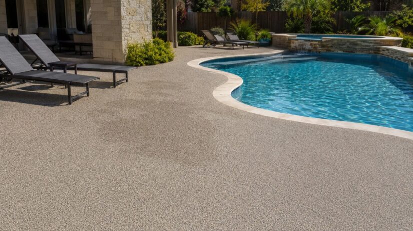 rubber-pool-deck-coating-benefits Newly resurfaced swimming pool deck with a seamless textured rubber coating